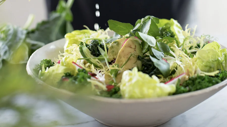 A bowl of fresh green salad with avocado, radish and pea shoots